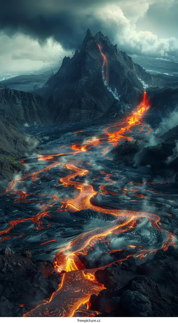 Lava Flowing Down a Mountainside During a Volcanic Eruption