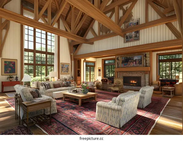 Spacious Living Room with Exposed Wooden Beams and a Cozy Fireplace