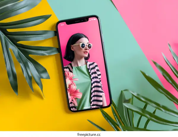 Woman with Sunglasses on Phone Screen with Green Leaves