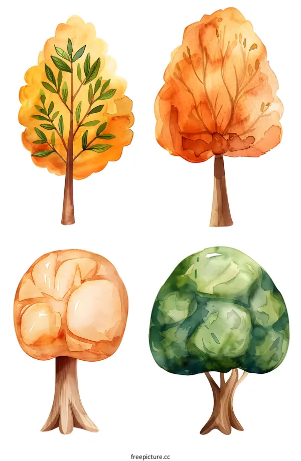 Watercolor trees set green orange brown