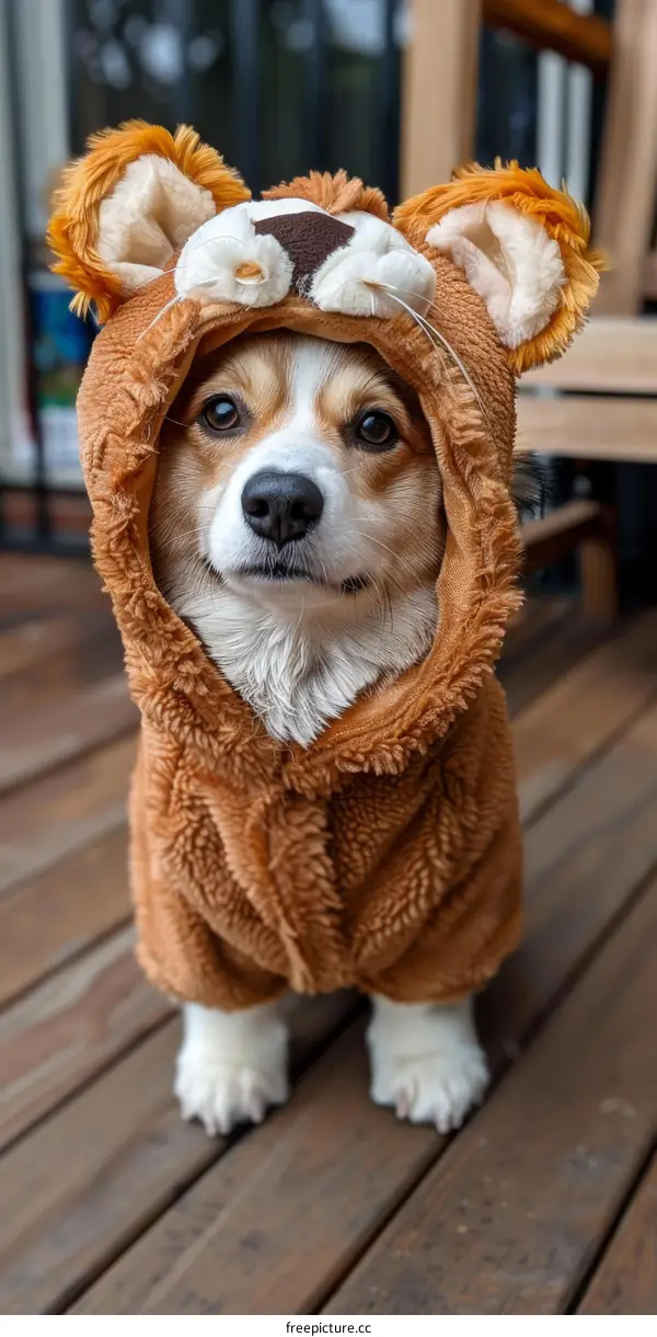 A cute dog wearing a lion costume
