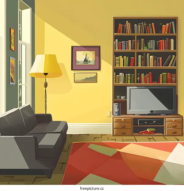 Modern Living Room With Yellow Walls And Bookshelf
