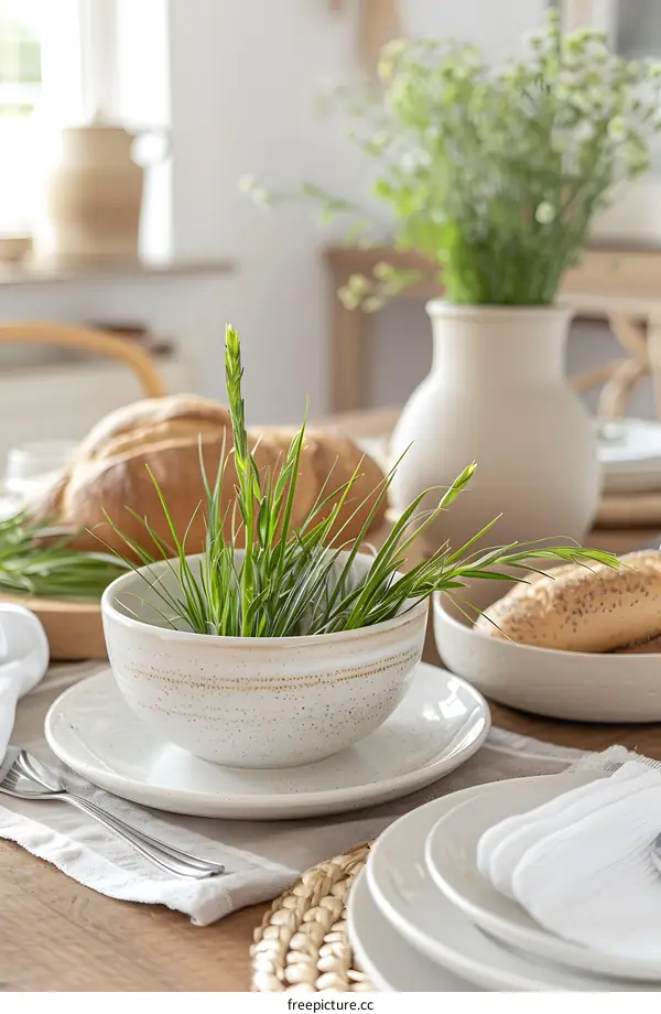 White Ceramic Bowl with Green Grass on Wooden Table