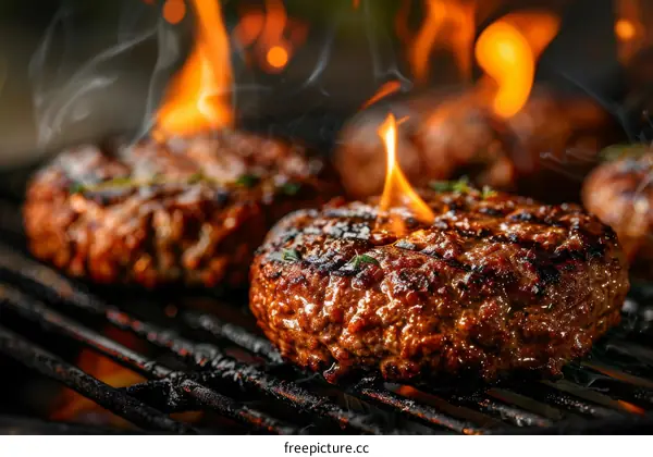 Beef patty on a flaming grill with smoke rising