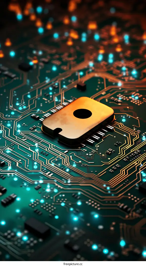 Computer Chip on Circuit Board with Lights