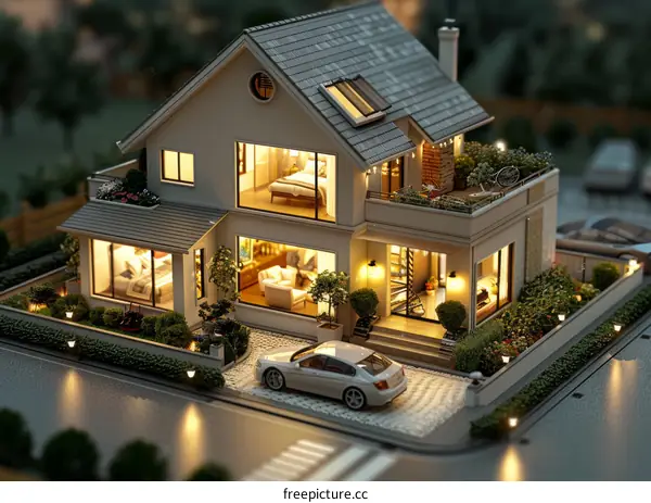 A 3D rendering of a beautiful house with a white car parked in front
