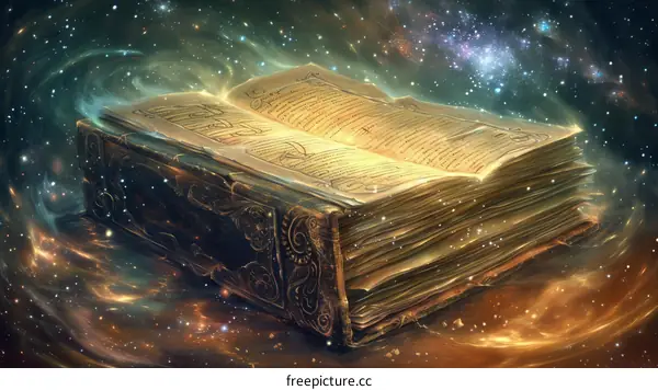 An open book with glowing pages and a starry background