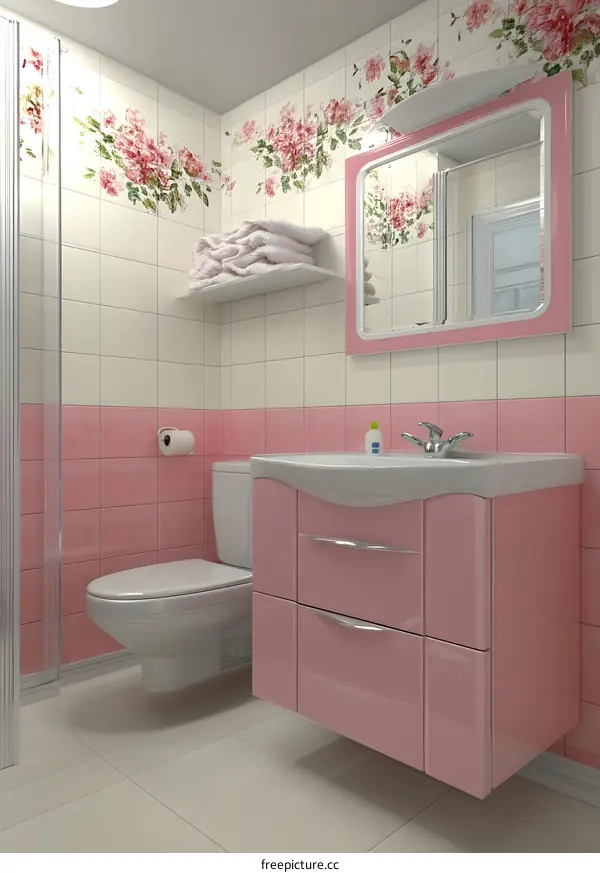 Pink Bathroom Interior Design with Floral Tiles