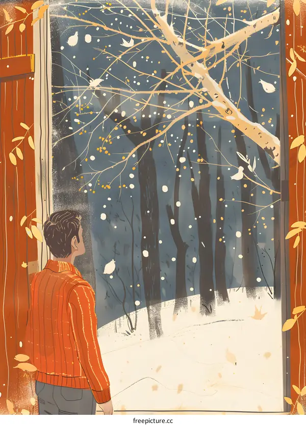 Man Looking Out Window at Snowy Forest