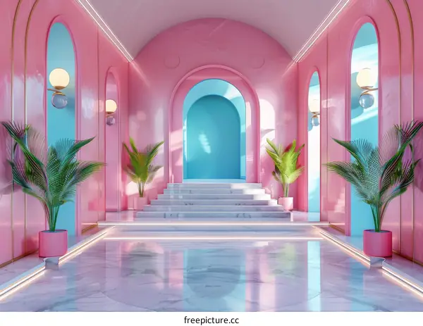 Futuristic Pink Archway Hallway Interior