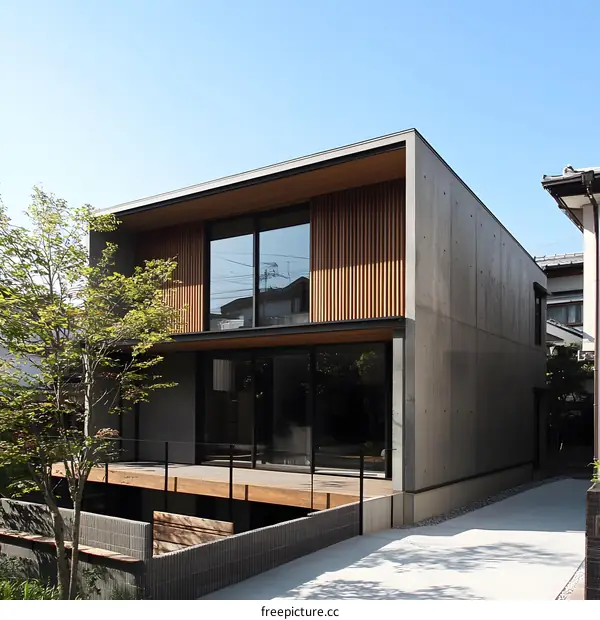 Modern Concrete House with Wooden Accents