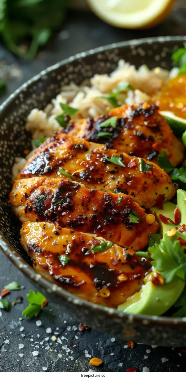 Grilled honey garlic chicken thighs with avocado and cilantro