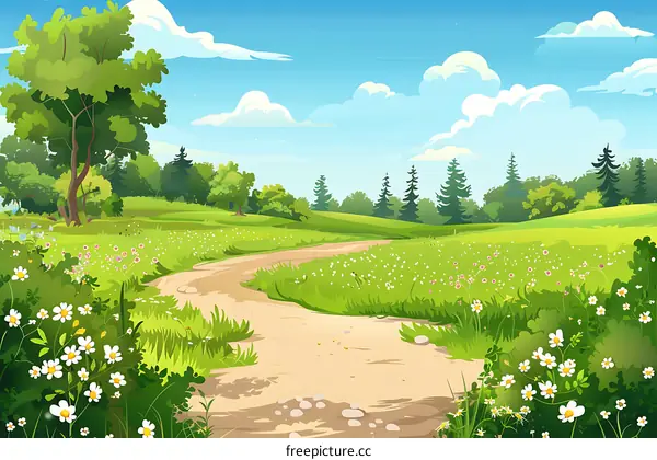 Summer Meadow Path with Green Grass and Flowers Illustration