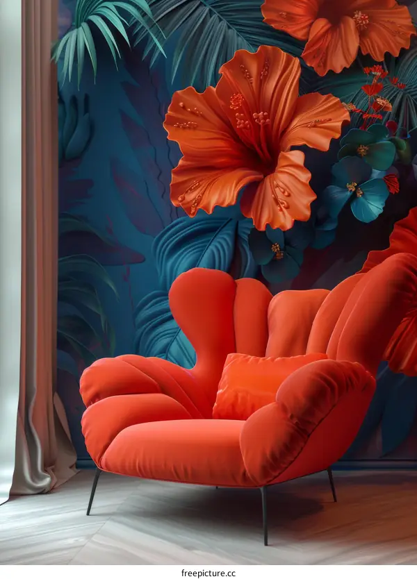 red velvet armchair in a room with tropical floral wallpaper