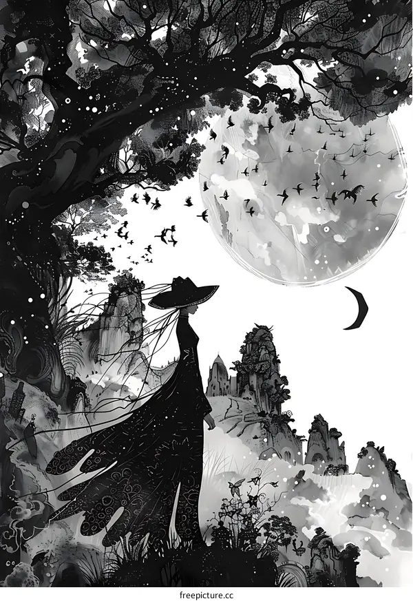 black and white drawing of a person in a hat standing in a field with a large tree and a crescent moon in the background