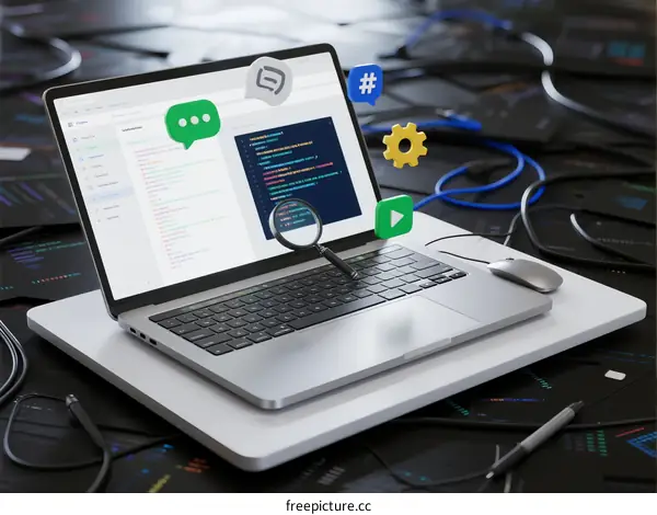 Laptop with coding interface and digital icons on tech desk