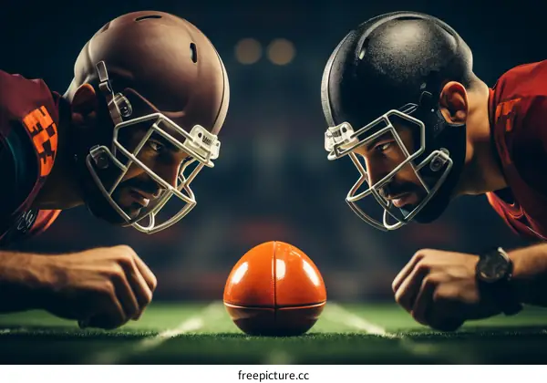 Two American football players face off at the line of scrimmage