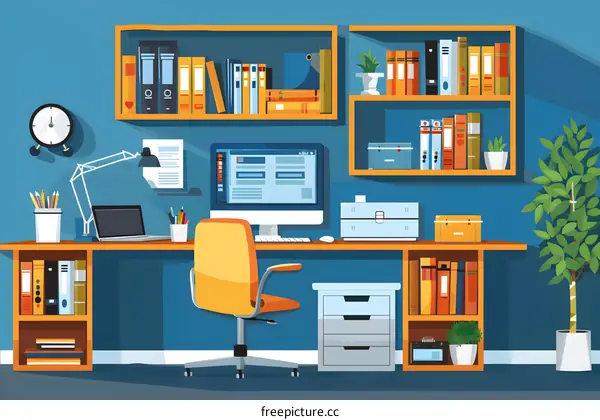 Modern Home Office Interior Design with Desk, Chair, Bookshelves, and Plants