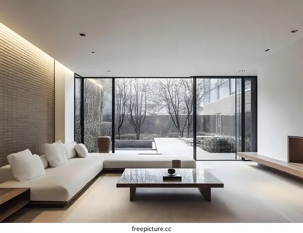 Minimalist Modern Living Room with Large Windows and Brick Wall