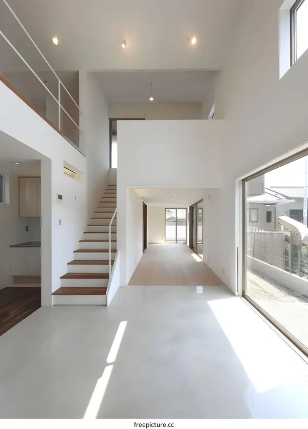 Modern Minimalist Home Interior Design with White Walls and Wooden Stairs