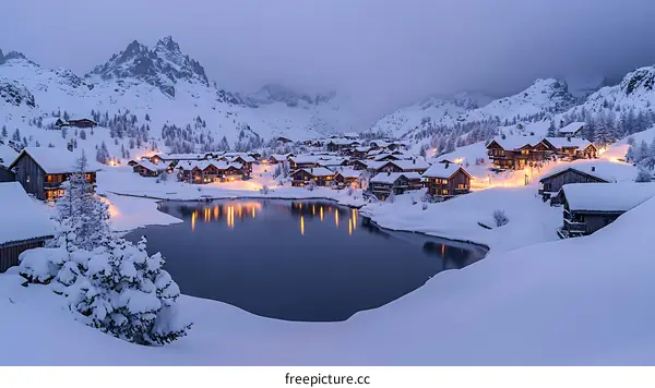 Snowy Mountain Village at Twilight with Lake Reflection
