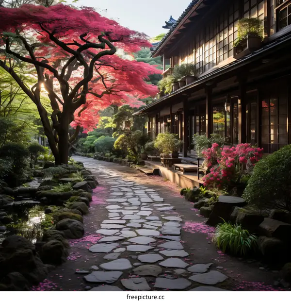 Stone path through a beautiful Japanese garden with a traditional house