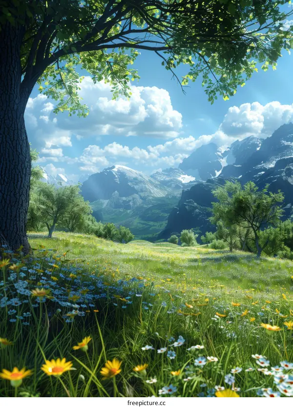 Alpine Flowers and Grassy Meadow with Snow-Capped Mountains