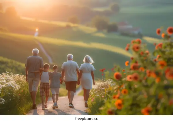 Family of five walking in a field of flowers at sunset