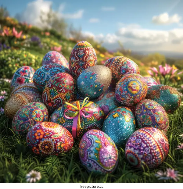 A Pile of Decorated Easter Eggs on Green Grass