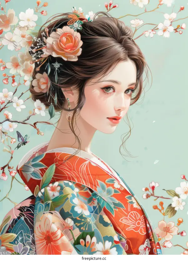 Portrait of a beautiful Japanese woman in traditional kimono with pink and white flowers in her hair
