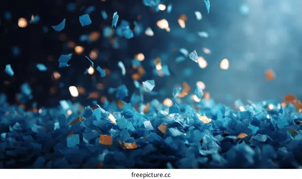 Blue and Gold Confetti Falling on Dark Background