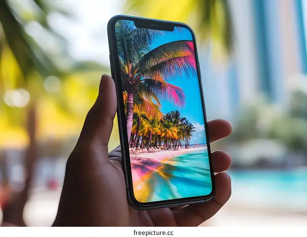 Hand Holding Smartphone with Tropical Beach Wallpaper