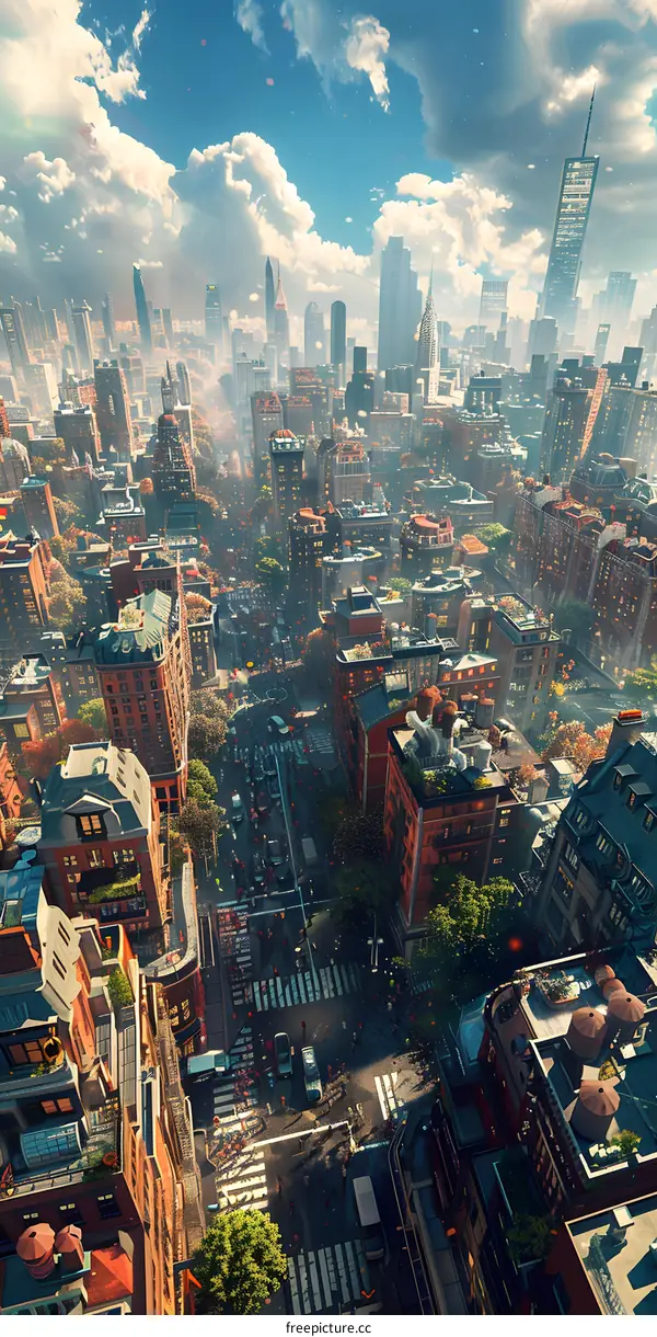 A bustling city street with people crossing the road