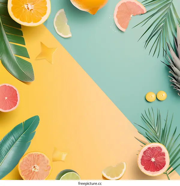 Tropical Fruit and Palm Leaves on a Yellow and Blue Background