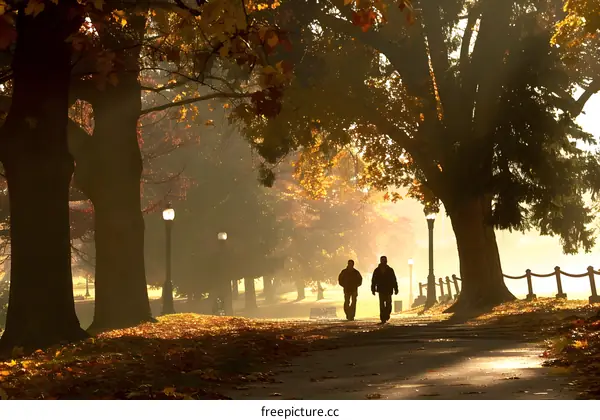Two Men Walking Through Park on Fall Day