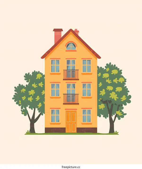 Yellow House with Green Trees Illustration