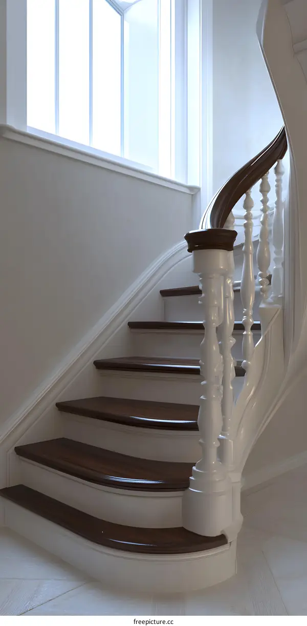 Curved Wooden Staircase with White Railing and Window in Background