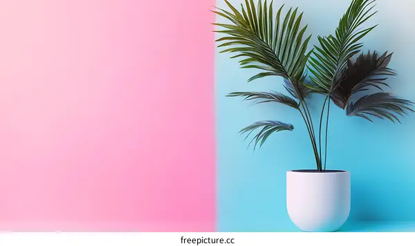Tropical Plant in a White Pot Against a Pink and Blue Wall