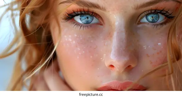 Closeup of a Young Woman with Freckles and Blue Eyes