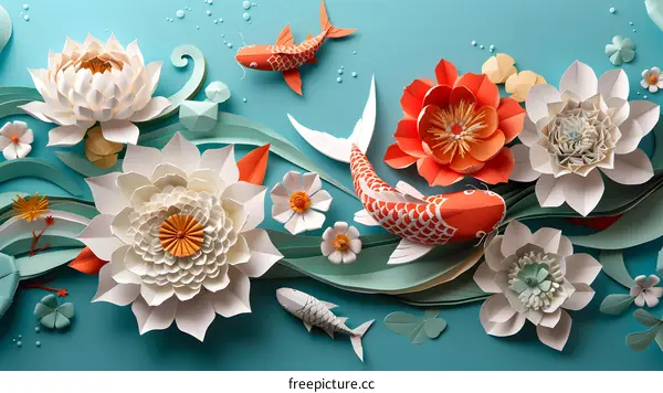 3D illustration of koi fish and lotuses made of paper