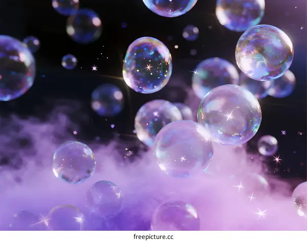 Beautiful Colorful Soap Bubbles Floating in Purple Smoke Background