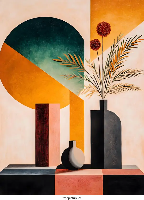 Abstract Art with Geometric Shapes and a Vase of Flowers