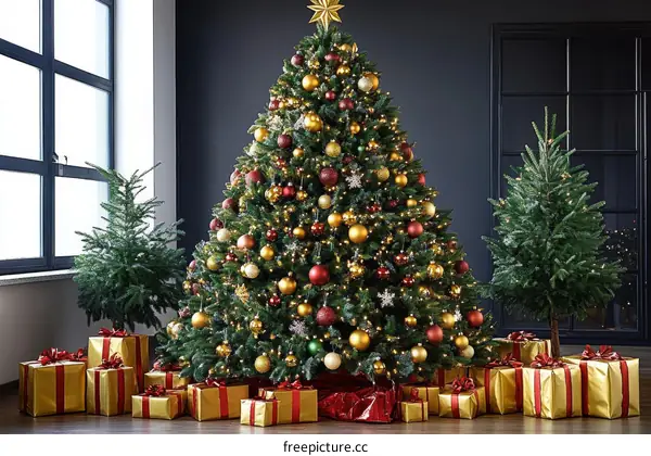 Christmas Tree with Presents in a Modern Living Room