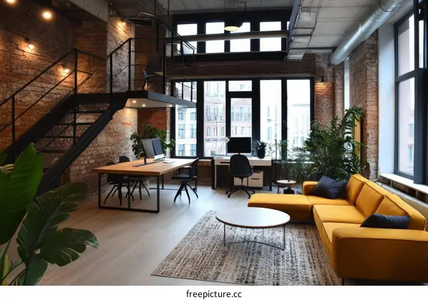 Modern Industrial Loft Office Space with Mustard Sofa