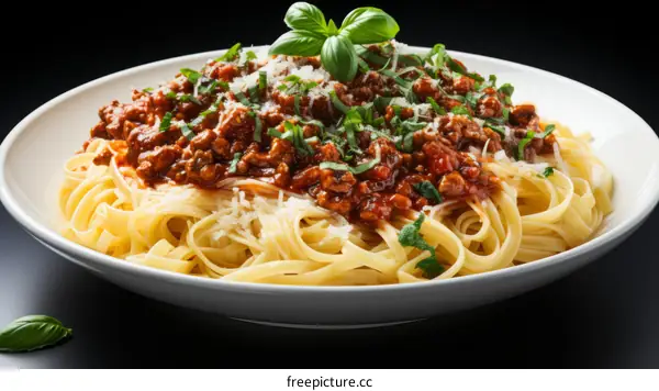 A plate of pasta with tomato sauce and basil