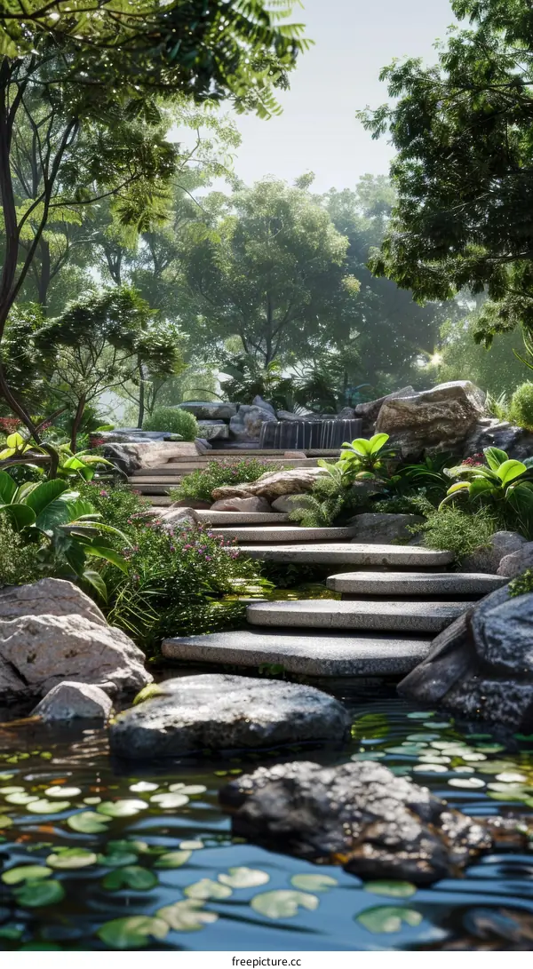 Stepping Stones Path in a Verdant Japanese Garden