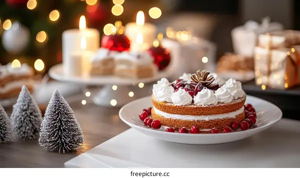Christmas Festive Dessert Table Decorated with Cake and Christmas Trees