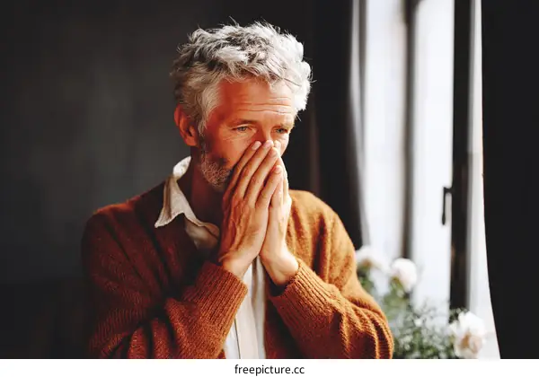 A Caucasian Man in Sadness by the Window