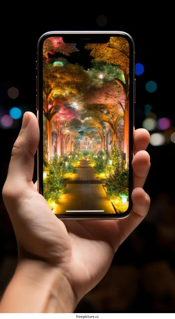 A hand holding a smartphone with a photo of a colorful path lit by lanterns