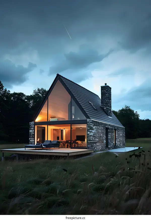 Modern Stone House with Large Windows and Deck